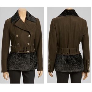 Olive Faux Fur Trim Wool-Blend Military Coat